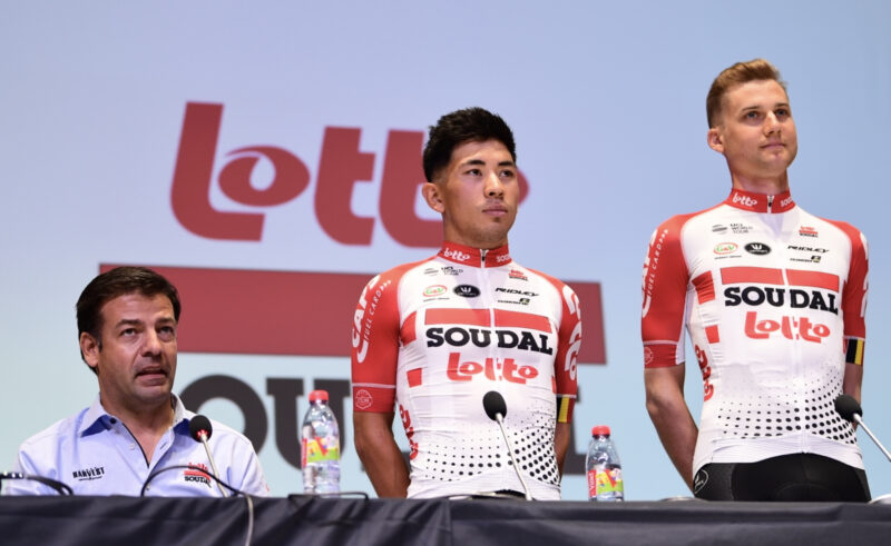 John Lelangue, CEO de Lotto-Soudal, avec Caleb Ewan et Tim Wellens au départ du Tour de France 2022 - Photo : ASO/Alex Broadway