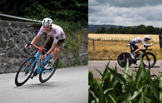 Franck Bonnamour (Ag2r La Mondiale) lors du Critérium du Dauphiné 2023 et Antwan Tolhoek (Trek-Segafredo) lors du Critérium du Dauphiné 2022. - Photos : ASO/Billy Ceusters et Aurélien Vialatte