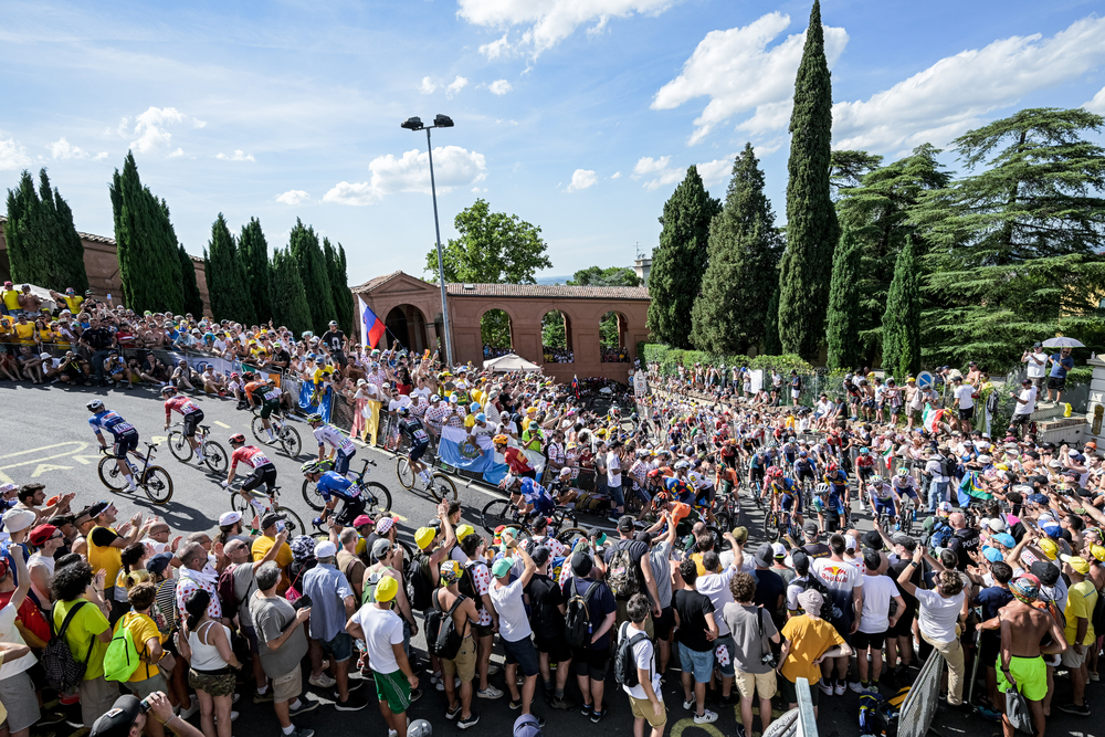 Le pelotont dans la colline de San Luca, à Bologne, sur la 2e étape du Tour de France 2024 - Photo : ASO/Charly Lopez